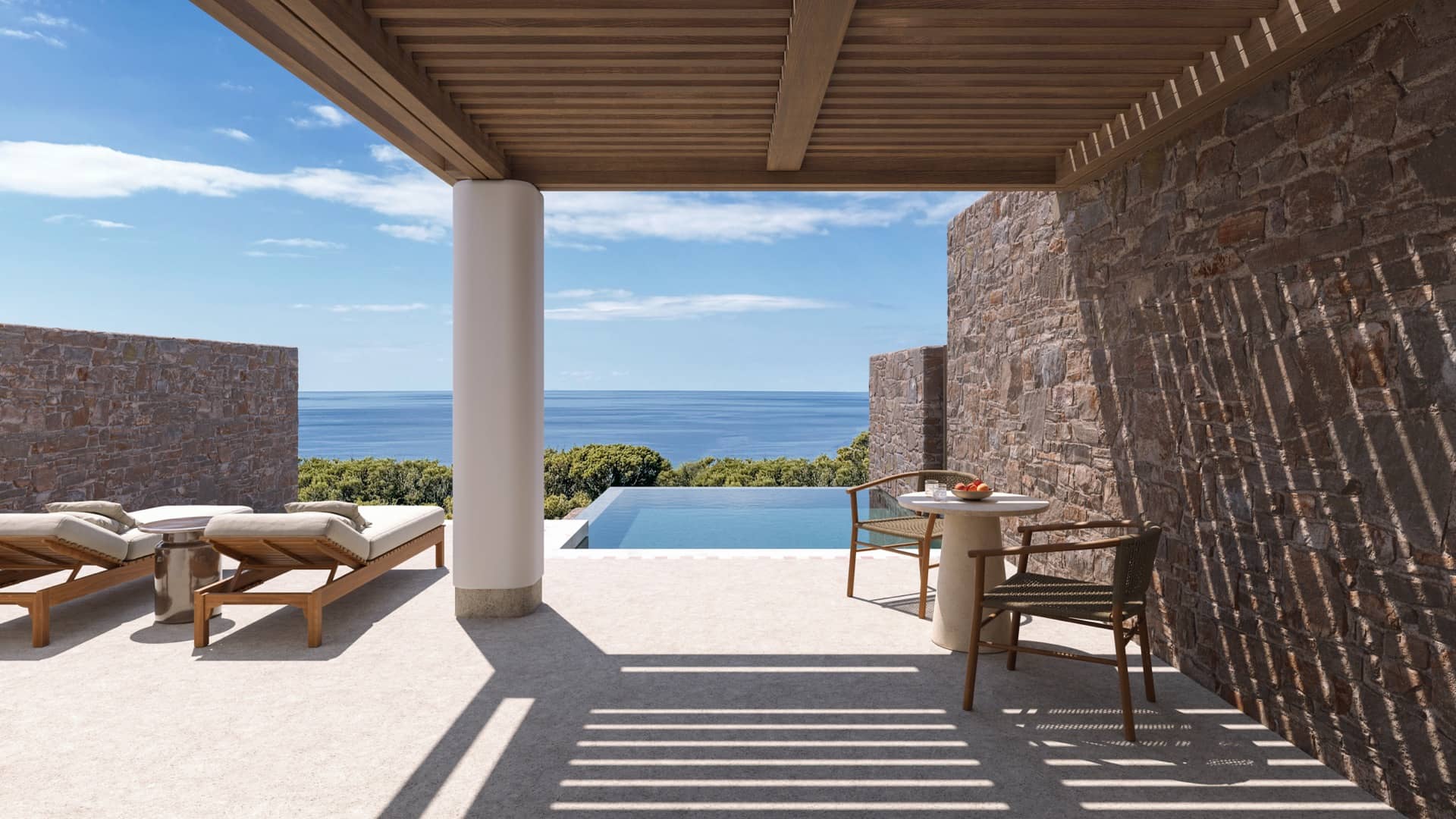 Eréma Milos suite terrace with private infinity pool overlooking the Aegean Sea